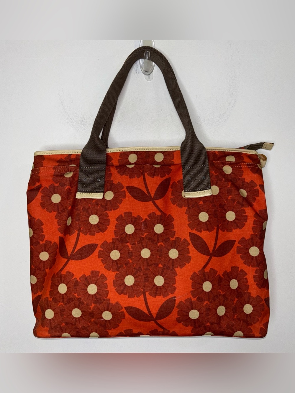 Orla Kiely Tote Shoulder Bag Handbag Coated Canvas Orange Floral Retro